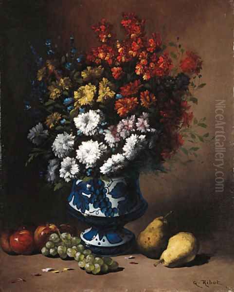 Floral Still Life with Fruit on a Ledge Oil Painting by Theodule Augustine Ribot