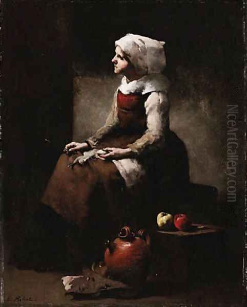 La Tricoteuse (The Knitter) Oil Painting by Theodule Augustine Ribot