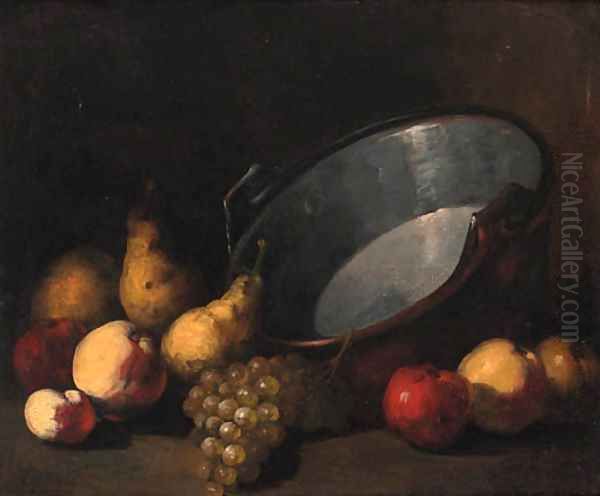 Pears, apples and grapes alongside a cauldron Oil Painting by Theodule Augustine Ribot