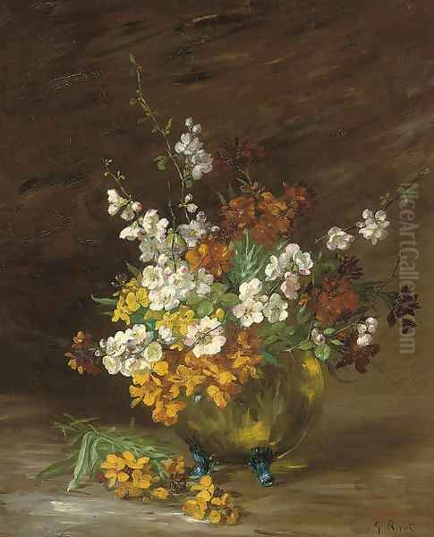 Summer blooms in a jardiniere Oil Painting by Theodule Augustine Ribot