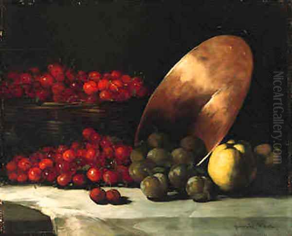 A Still Life with Cherries, Plums and Copper Bowl Oil Painting by Theodule Augustine Ribot