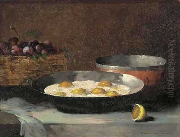 A still life with eggs, plums and a lemon, on a draped ledge Oil Painting by Theodule Augustine Ribot