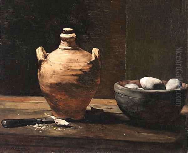 Still life with ceramic jug, eggs and knife Oil Painting by Theodule Augustine Ribot