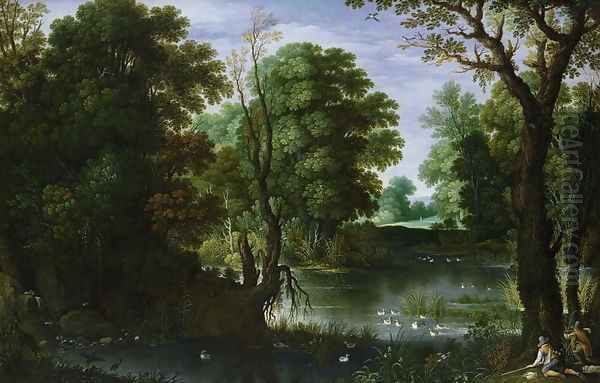 Landscape with a river and sportsmen shooting ducks Oil Painting by Maerten Ryckaert