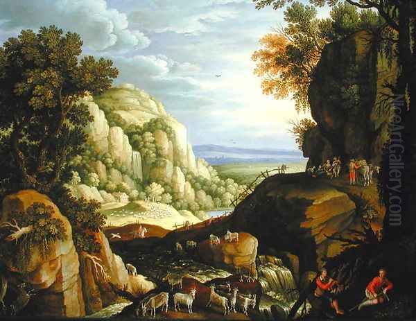 Mountainous Landscape with Shepherds and Travellers Oil Painting by Maerten Ryckaert