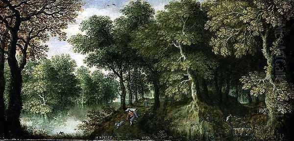 Wooded River Landscape with a Pedlar and Dog on a Track, 1624 Oil Painting by Maerten Ryckaert