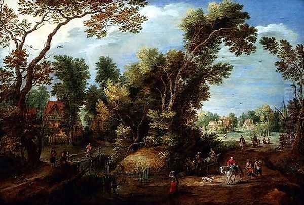 Wooded River Landscape with Figures Oil Painting by Maerten Ryckaert