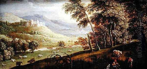 Landscape with Castle and Shepherds, 1624 Oil Painting by Maerten Ryckaert