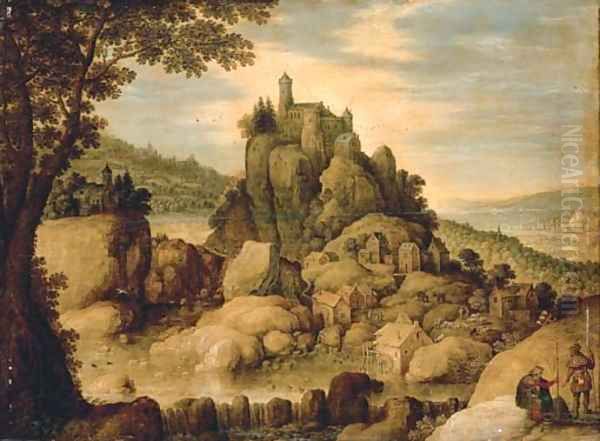 An extensive rocky river landscape with pilgrims resting on a path Oil Painting by Maerten Ryckaert