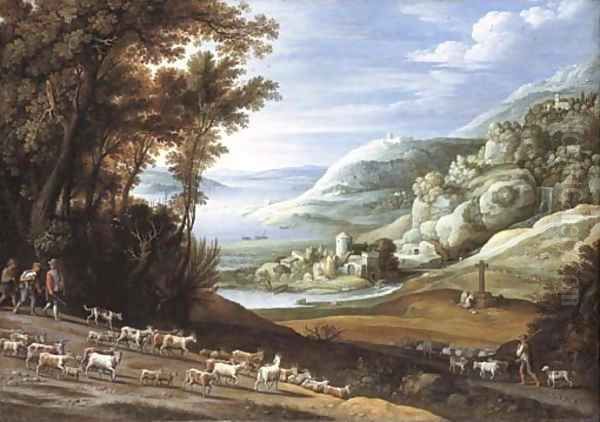 An extensive Italianate landscape with goatherds, a shepherd and their flocks Oil Painting by Maerten Ryckaert