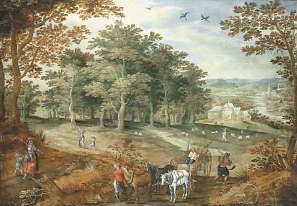 A wooded landscape with travellers and a cart Oil Painting by Maerten Ryckaert