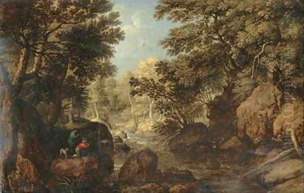 A wooded river landscape with hunters Oil Painting by Maerten Ryckaert