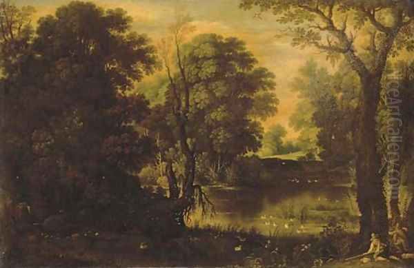 An extensive river landscape with sportsmen shooting duck Oil Painting by Maerten Ryckaert