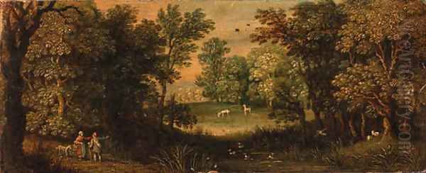 Peasants on a path by a pond in a wood Oil Painting by Maerten Ryckaert