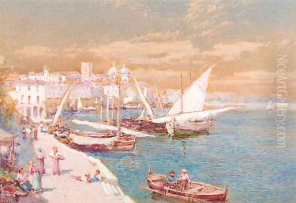 Figures at a market in a harbour Oil Painting by Charles Rowbotham