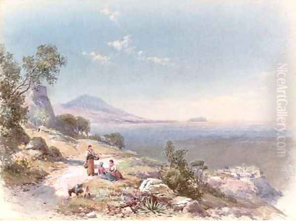 Figures with a donkey resting by the steps overlooking the bay, near Miseno, Bay of Naples Oil Painting by Charles Rowbotham