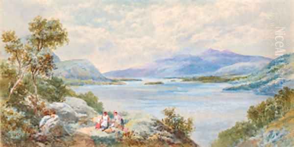 Figures on a track in a lakeland landscape Oil Painting by Charles Rowbotham