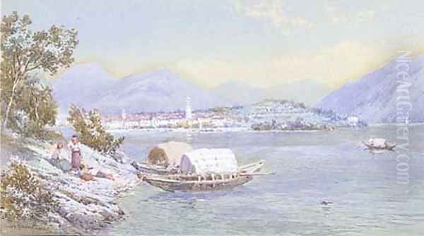 Mothers with their children on the banks of Lago Maggiore Oil Painting by Charles Rowbotham