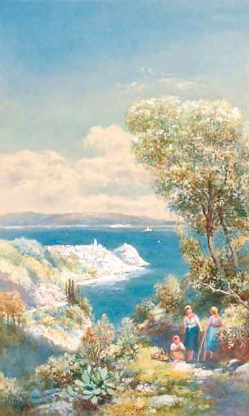 Figures on a track overlooking Scyla, Calabrih at the entrance of the straits of Messina Oil Painting by Charles Rowbotham