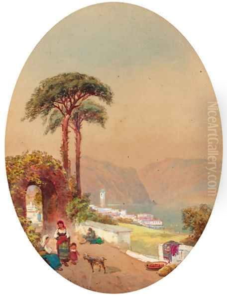 Figures on a track beside an Italian Lake Oil Painting by Charles Rowbotham