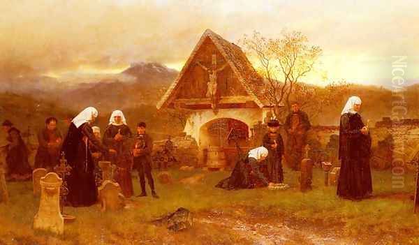 Am Allerseelentage Auf Dem Friedhofe Zu Egg Im Bregenzer Walde (All Souls' Day in Egg Cemetary in the Bregenzer Forest) Oil Painting by Wilhelm Ludwig Friedrich Riefstahl