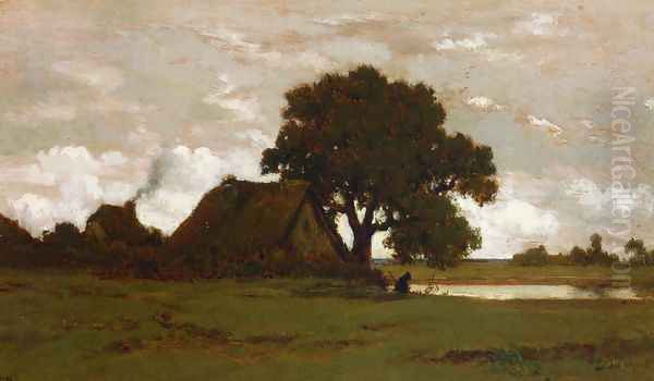 Cottages near a Pond Oil Painting by Etienne-Pierre Theodore Rousseau