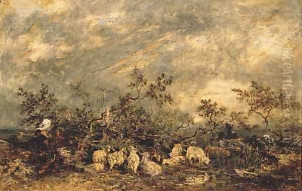 Soleil couchant dans la plaine de Barbizon Oil Painting by Etienne-Pierre Theodore Rousseau