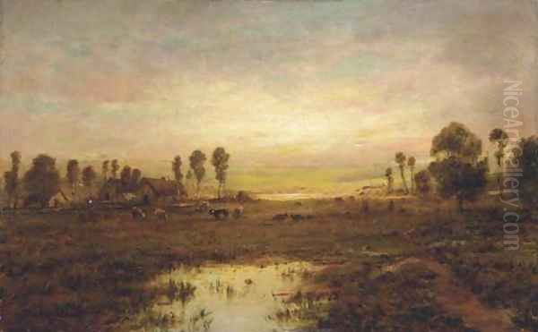 Coucher du soleil dans un champ Oil Painting by Etienne-Pierre Theodore Rousseau