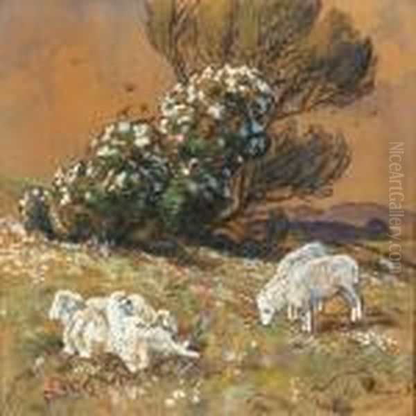 Grazing Sheep Oil Painting by Viggo Christian Frederick Pedersen