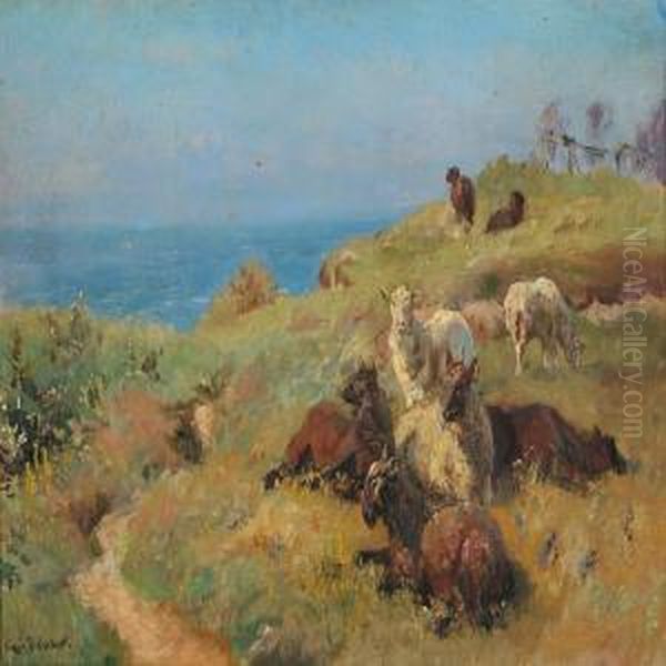 Sheeps In The Field With Sea In The Background Oil Painting by Viggo Christian Frederick Pedersen