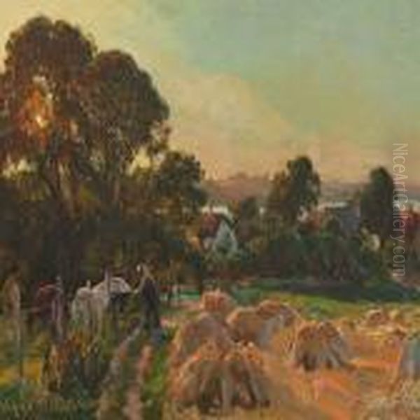 Harvest Landscape Oil Painting by Viggo Christian Frederick Pedersen