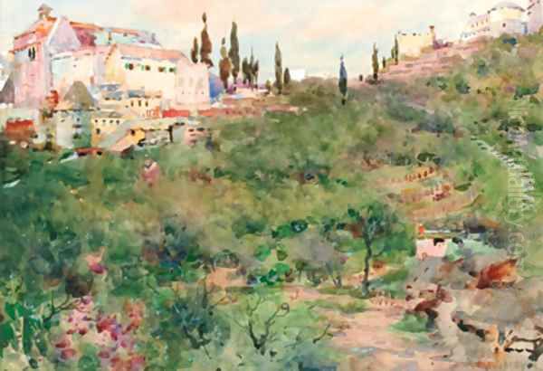 An Italian hillside village Oil Painting by Frank Richards