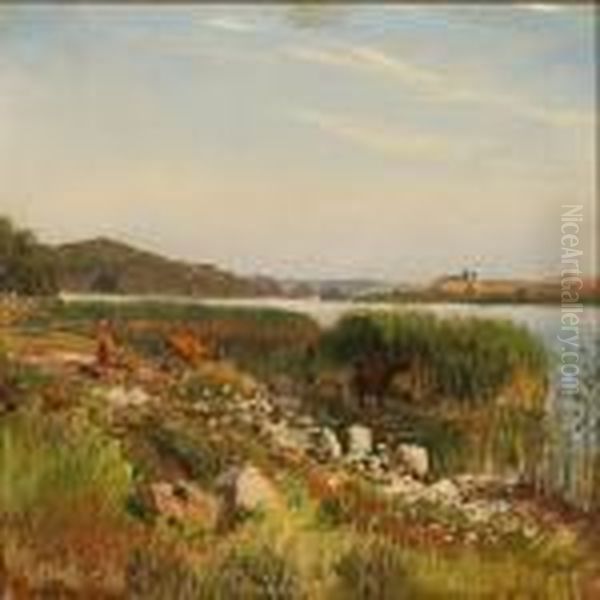 View From Tystrup Lake, Denmark Oil Painting by Viggo Christian Frederick Pedersen