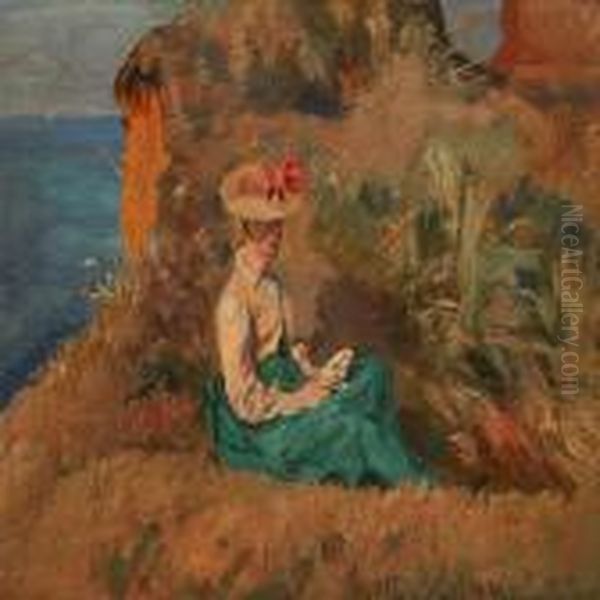 Coastal Scene With A Reading Woman Oil Painting by Viggo Christian Frederick Pedersen