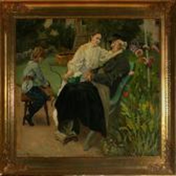 The Painters Family In The Garden Oil Painting by Viggo Christian Frederick Pedersen