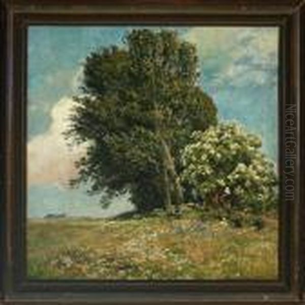 Landscape With Field Flowers, Trees And Shrubs Oil Painting by Viggo Christian Frederick Pedersen