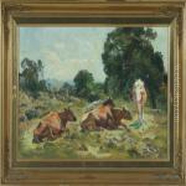 Scenery With Cows Oil Painting by Viggo Christian Frederick Pedersen