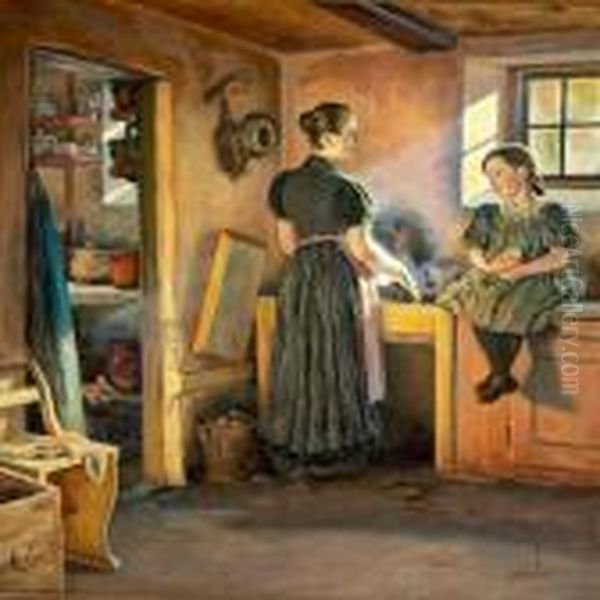 A Mother And Herdaughter In The Kitchen Oil Painting by Viggo Christian Frederick Pedersen