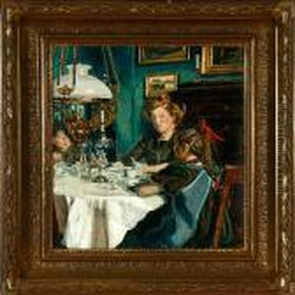 A Mother And Her Children Around The Dining Table Oil Painting by Viggo Christian Frederick Pedersen