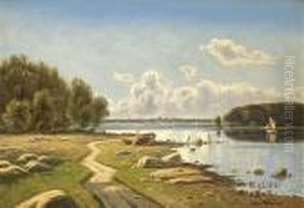 Idyllische Bucht In Sommerlicher Landschaft Unter Blauem Himmel Oil Painting by Viggo Christian Frederick Pedersen