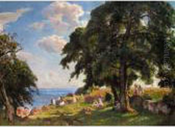 Ved Arhus Strand (above The Bathing Beach, Arhus) Oil Painting by Viggo Christian Frederick Pedersen