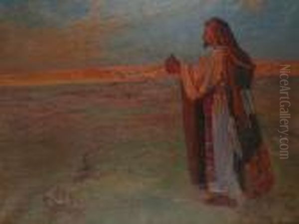 A Figure In The Desert At Sunset. Oil Painting by Viggo Christian Frederick Pedersen