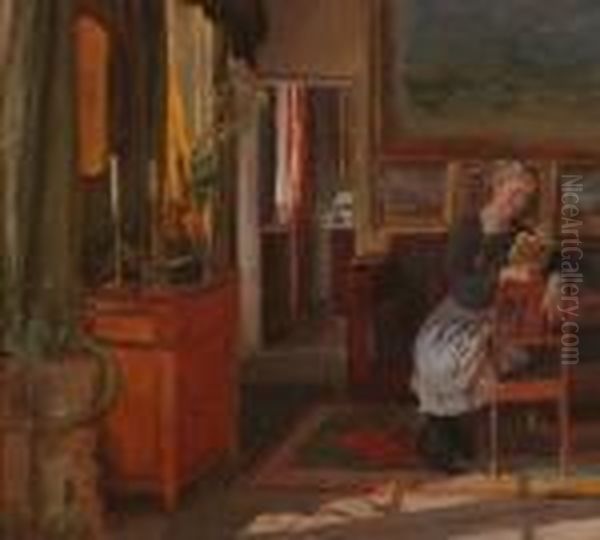 Interior With Artist's Wife Oil Painting by Viggo Christian Frederick Pedersen