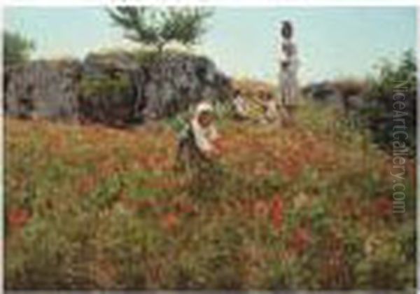 Valmuer, Sora (picking Poppies, Sora) Oil Painting by Viggo Christian Frederick Pedersen