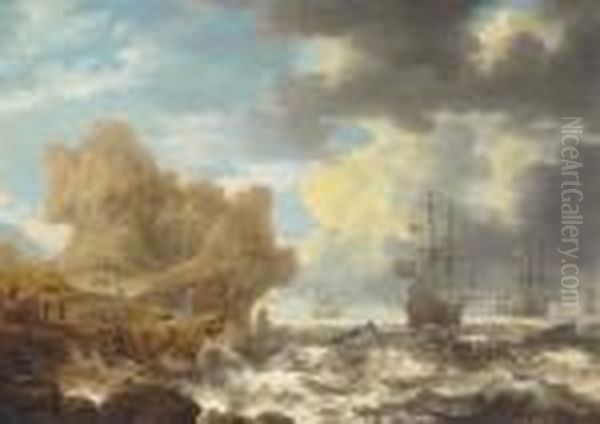 Dutch Ships Off A Rocky Coast With Colonists Encountering Natives Oil Painting by Bonaventura, the Elder Peeters