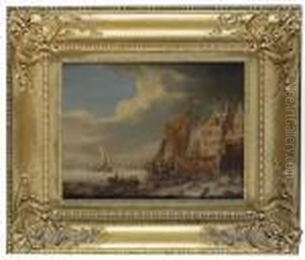 Dutch Shipping Off A Jetty Oil Painting by Bonaventura, the Elder Peeters