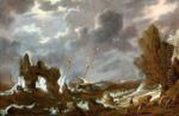 A Three-masted Ship In Front Of A Rocky Coast During A Storm Oil Painting by Bonaventura, the Elder Peeters