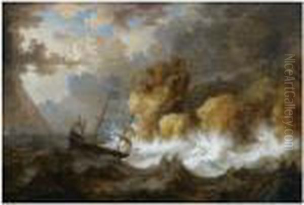 A Dutch Ship In A Heavy Storm Near A Rocky Coast Oil Painting by Bonaventura, the Elder Peeters