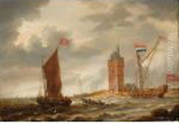 Shipping In A Breeze Before A 
Coast With A Fortified Tower; Shipping In Stormy Seas Near An Island Oil Painting by Bonaventura, the Elder Peeters