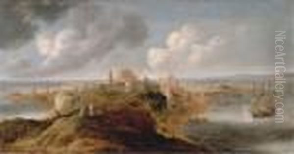 A Fortified Port On A Promontory, An English Frigate Firing Asalute Oil Painting by Bonaventura, the Elder Peeters